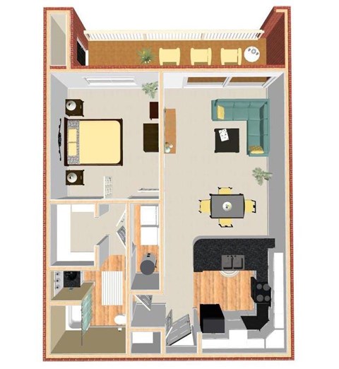 Floor plan for 1 bed, 1 bath, 700 sqft